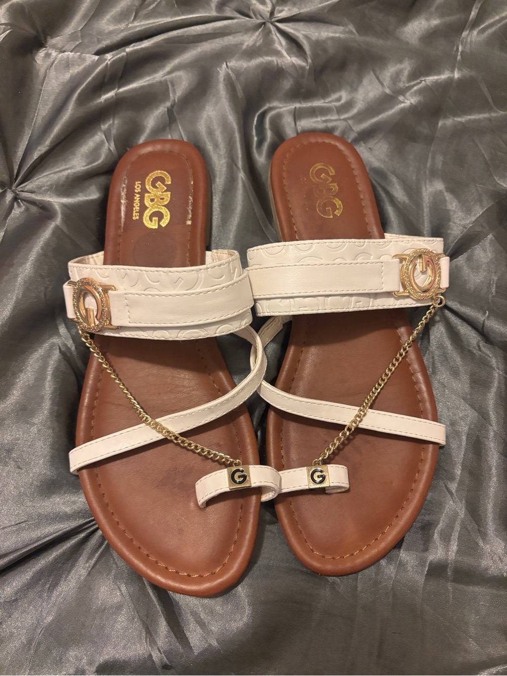 G by Guess Cream Leather Chain-Accent Sandals